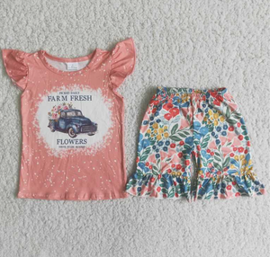 C4-24 Baby Girls flower truck Summer Short Sleeve  Shorts Sets