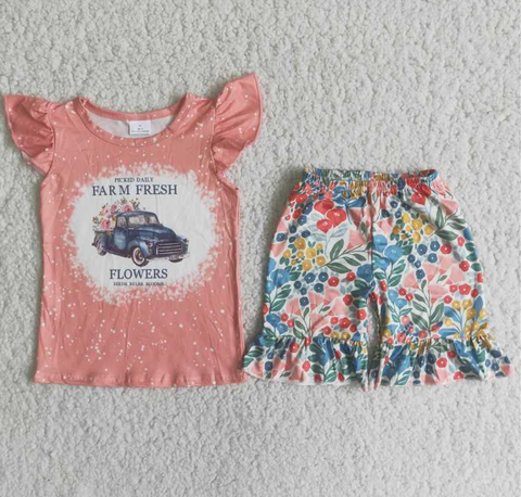 C4-24 Baby Girls flower truck Summer Short Sleeve  Shorts Sets