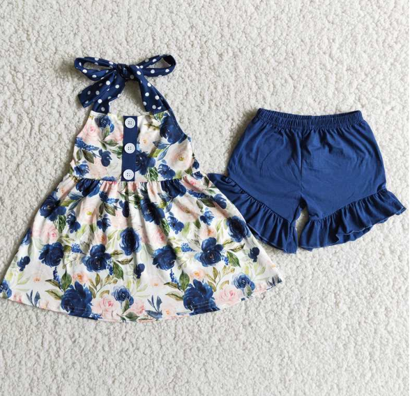 D7-19  Baby Girls flower Short Sleeve Shorts Sets