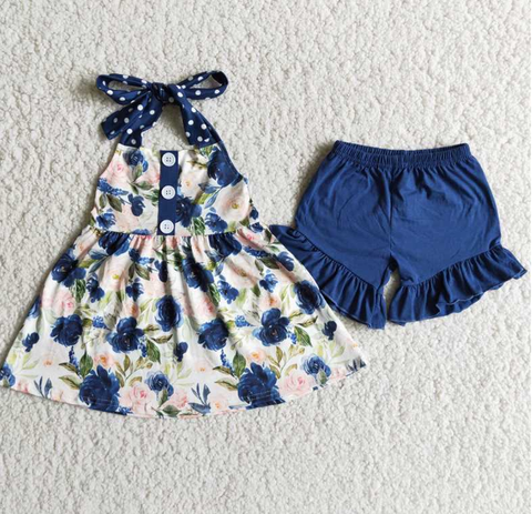 D7-19  Baby Girls flower Short Sleeve Shorts Sets