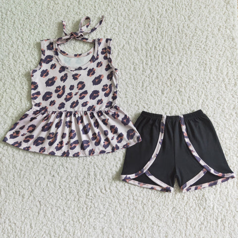 GSSO0052 Baby Girls  Leopard print Short Sleeve Shorts Sets