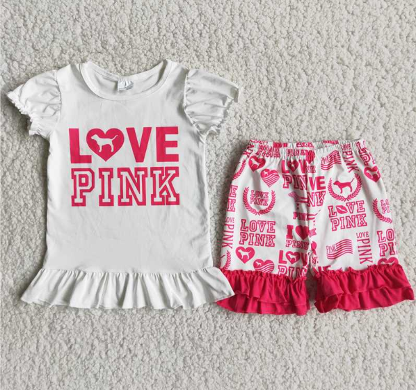 D5-26 Baby Girls love pink Summer Short Sleeve Shorts Sets