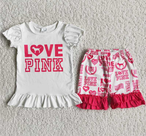 D5-26 Baby Girls love pink Summer Short Sleeve Shorts Sets