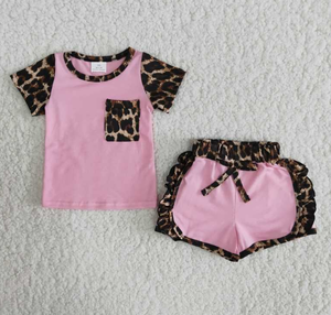C1-21 Baby Girls Leopard print Summer Short Sleeve Shorts Sets