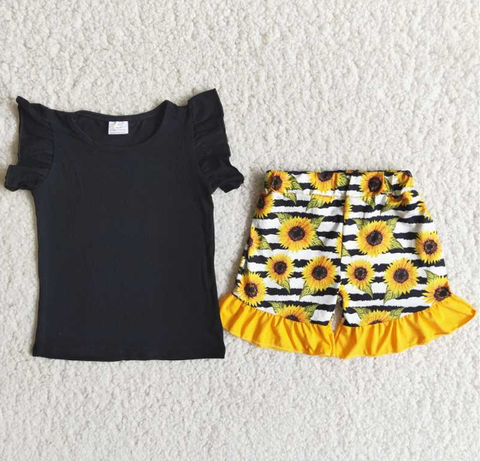 C4-4 Baby Girls sunflowr  Summer Short Sleeve Shorts Sets