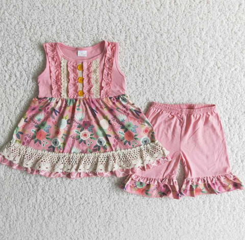 C2-3 Baby Girls flower Summer Short Sleeve Shorts Sets