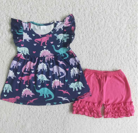 A13-16 Baby Girls Dinosaur Summer Short Sleeve Shorts Sets