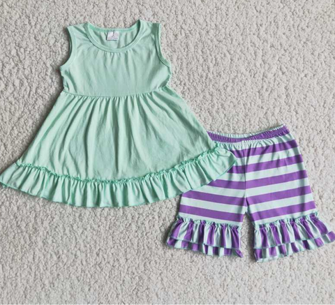 C4-9 Baby Girls stripe  Summer Short Sleeve Shorts Sets