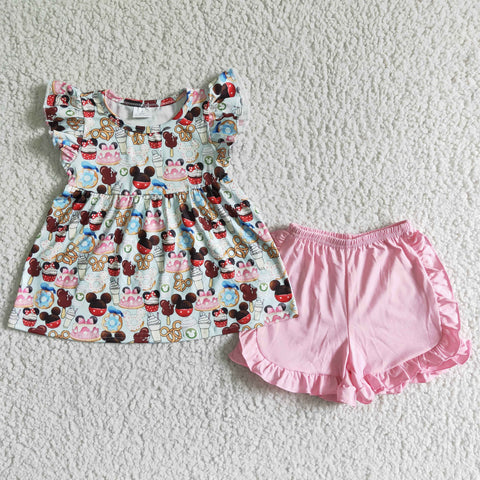 C8-12 Baby Girls cartoon Summer Short Sleeve Shorts Sets