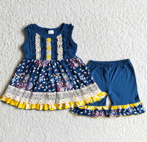 C0-11 Baby Girls flower  Summer Short Sleeve Shorts Sets