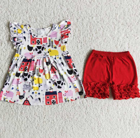 A12-16 Baby Girls Summer farm Short Sleeve Shorts Sets