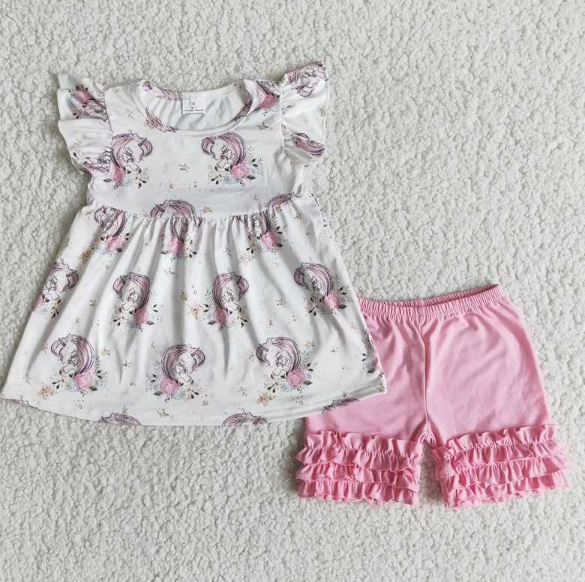 A6-9-1 Baby Girls Pearl Sleeve Summer Shorts Sets