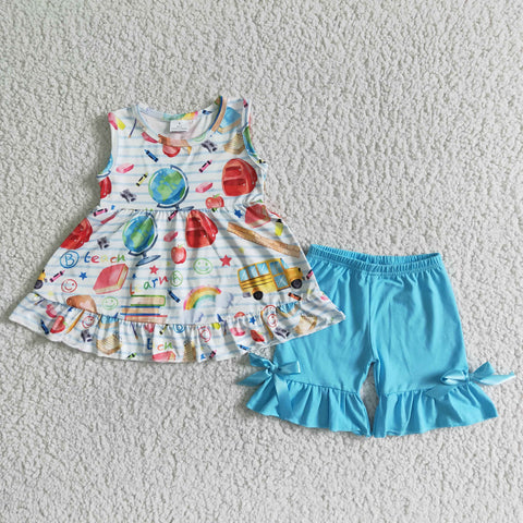 GSSO0112 Baby Girls back to school  Summer Short Sleeve Shorts Sets