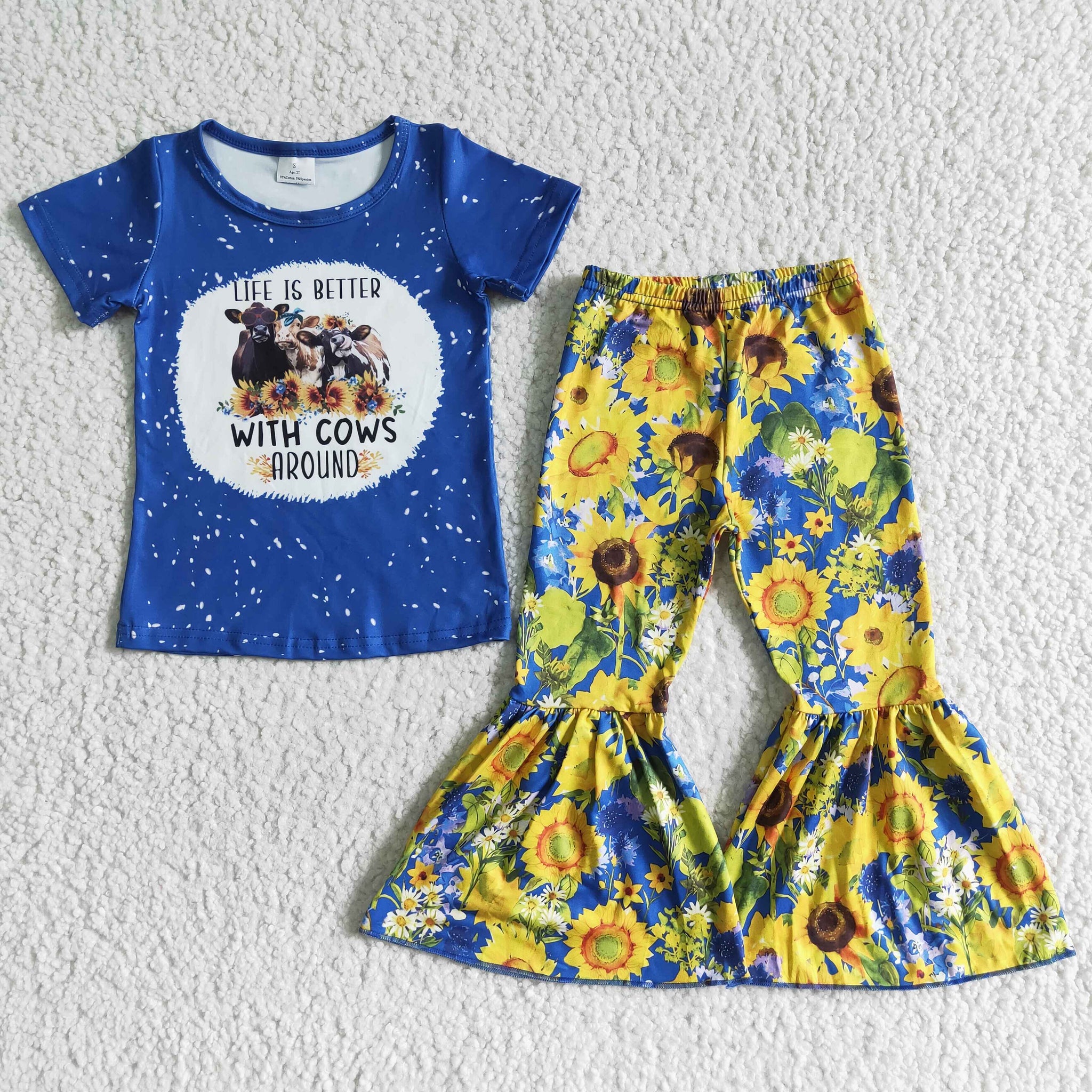 GSPO0071 Baby Cow Sunflower Short Sleeve and Bell Bottoms Pants Sets