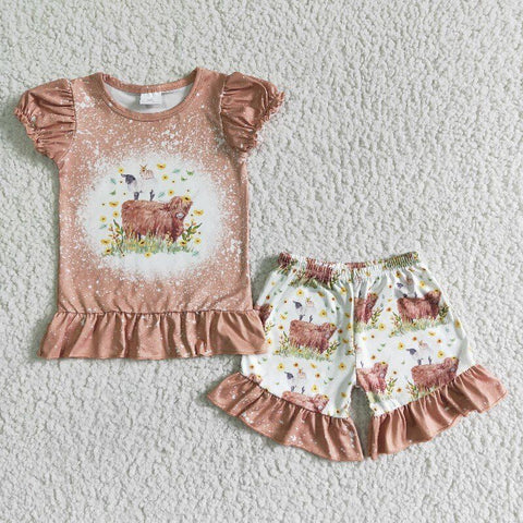 GSSO0083 Baby Girls Cow  Summer Short Sleeve Shorts Sets