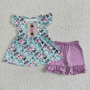 C6-22 Baby Girls  flower  Summer Short Sleeve Shorts Sets