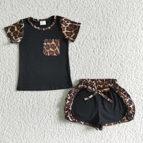 C4-12 Baby Girls Leopard  Summer Short Sleeve Shorts Sets
