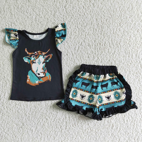 C15-4 Baby Girls  Cow Summer Short Sleeve Shorts Sets