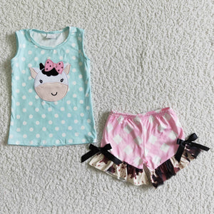 GSSO0088 Baby Girls Cow  Summer Short Sleeve Shorts Sets