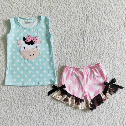 GSSO0088 Baby Girls Cow  Summer Short Sleeve Shorts Sets