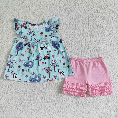 A10-14 Baby Girls  Farm Summer Short Sleeve Shorts Sets