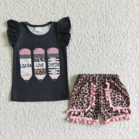 GSSO0117 Baby Girls back to school  Summer Short Sleeve Shorts Sets
