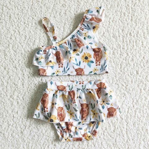 S0025 Cow flower Printed Girls Swimsuit Sets