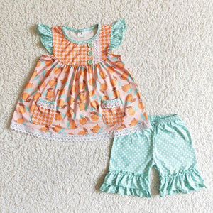 C2-13 Baby Girls peach Summer Short Sleeve Shorts Sets
