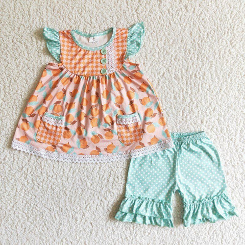C2-13 Baby Girls peach Summer Short Sleeve Shorts Sets