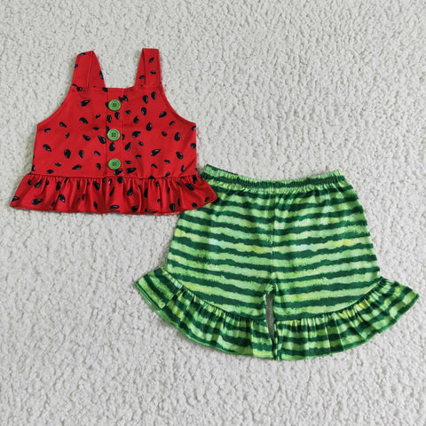 B0-28 Baby Girls Watermelon   Summer Short Sleeve Shorts Sets