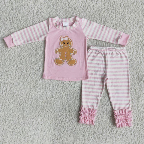 Christmas Girl Gingerbread Embroidered Pajama Set
