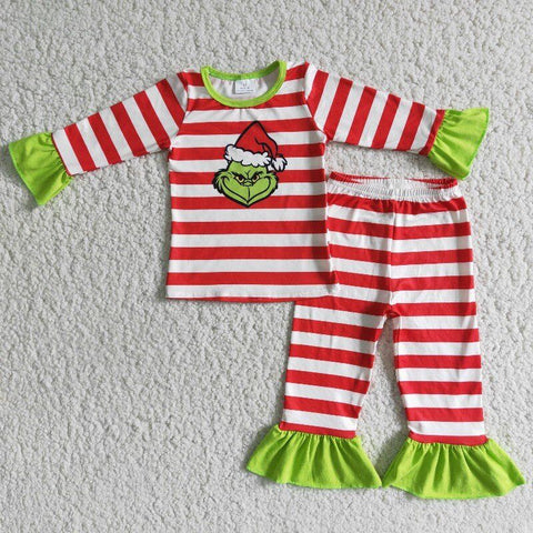 Christmas Striped Cartoon Embroidered Pajama Set