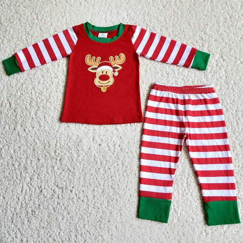 Christmas Girl Fawn Embroidered Pajama Set