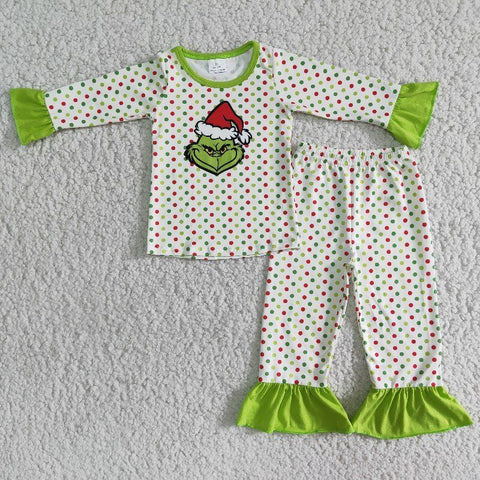 Christmas Girl Green Cartoon Embroidered Pajama Set