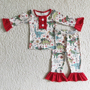 Christmas Girl Dinosaur  Pajama Set