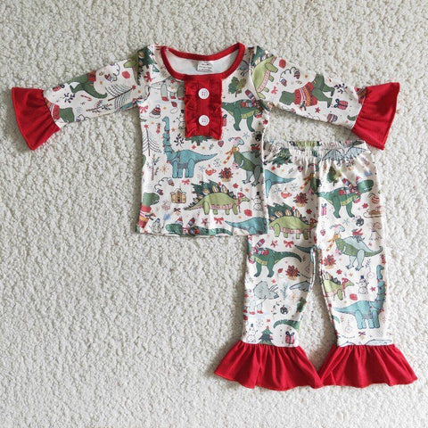 Christmas Girl Dinosaur  Pajama Set
