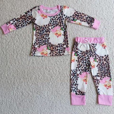 Pink Santa Print Winter Girls Pajama Set