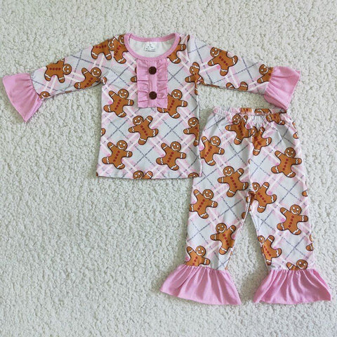 Gingerbread Print Girls Christmas Pajama Set