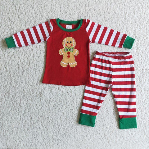 Gingerbread Embroidery Girls Christmas Pajama Set