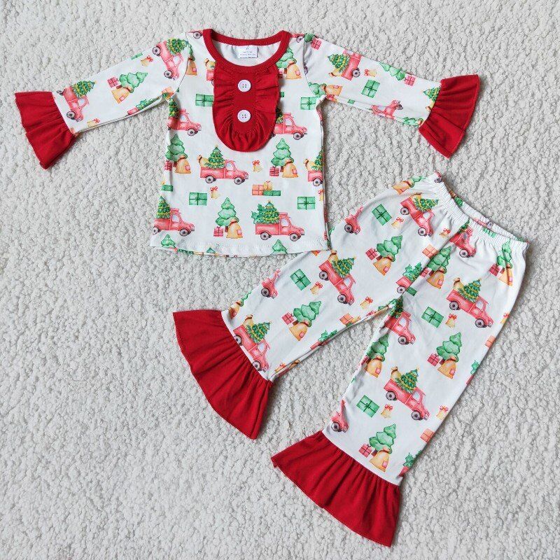 Truck Christmas Tree Print Christmas Girl Pajama Set
