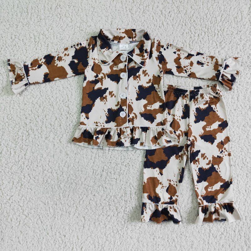 Tie Dye Cow Autumn Winter Girls Pajama Set