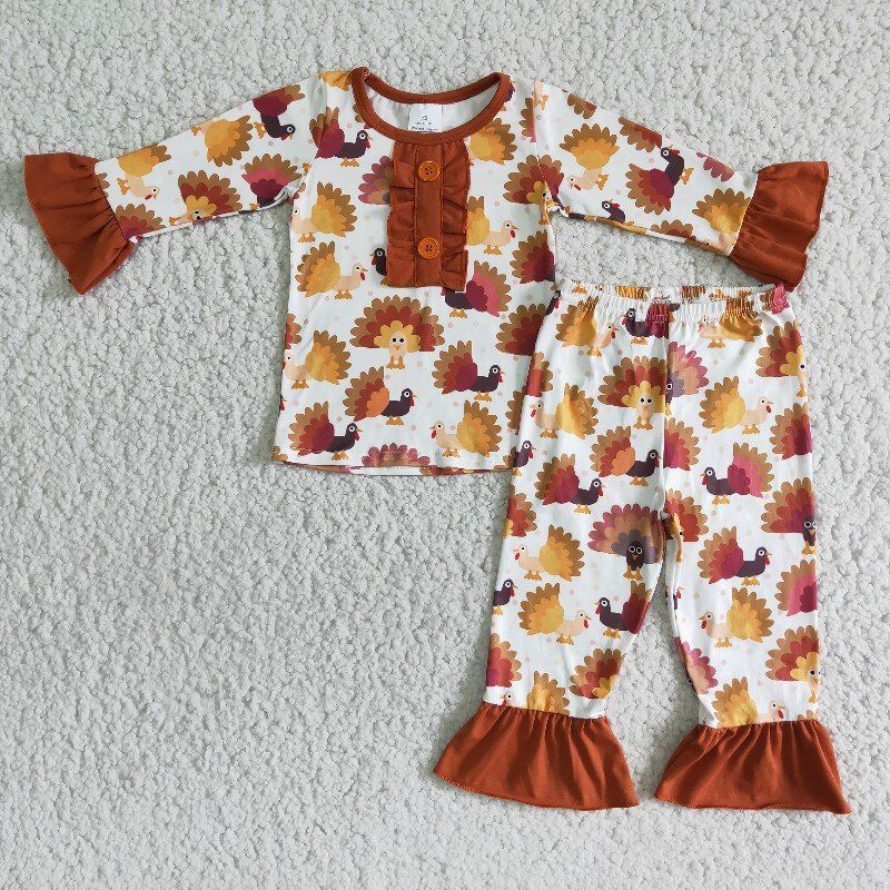 Thanksgiving Turkey Print Fall Winter Girls Pajama Set