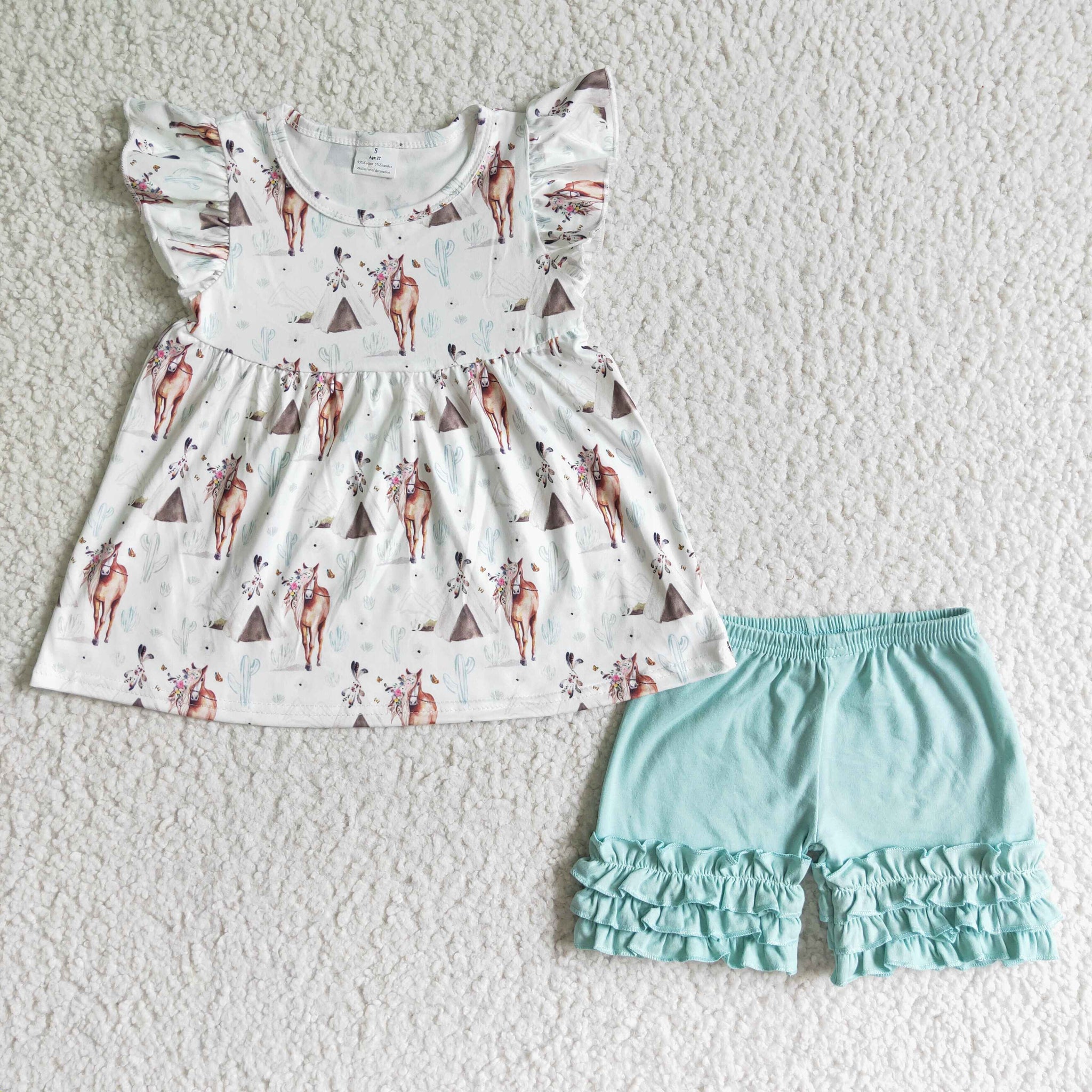 GSSO0111 Girls Horse Cactus Short Sleeve Shorts Suit