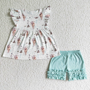 GSSO0111 Girls Horse Cactus Short Sleeve Shorts Suit