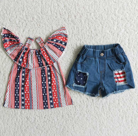 D7-14 Independence Day Striped Top and Denim Shorts Set