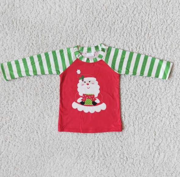 6 A32-1 Boy Green Stripe Long Sleeve Red Sleeve Christmas Top