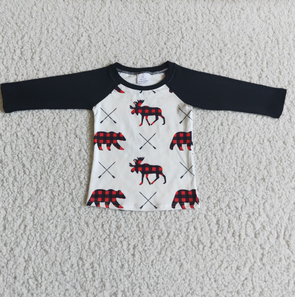 6 B6-32 Plaid Bear Black Long Sleeve Boys Top