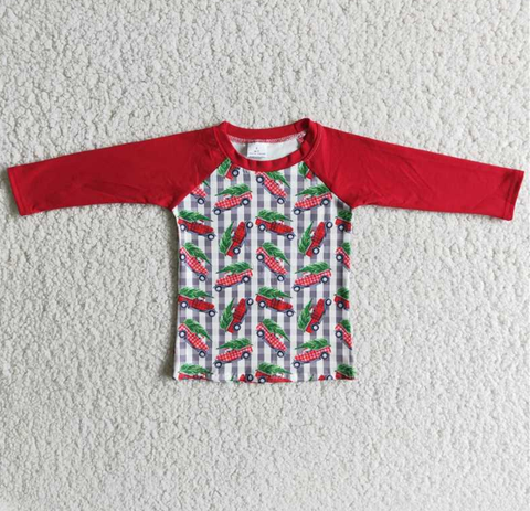 6 B4-15 Boy Truck Christmas Tree Red Long Sleeve Top