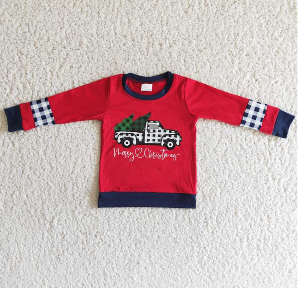 6 A6-12 Boy Christmas Tree Truck Red Long Sleeve Top