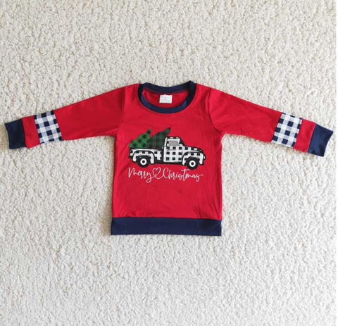 6 A6-12 Boy Christmas Tree Truck Red Long Sleeve Top
